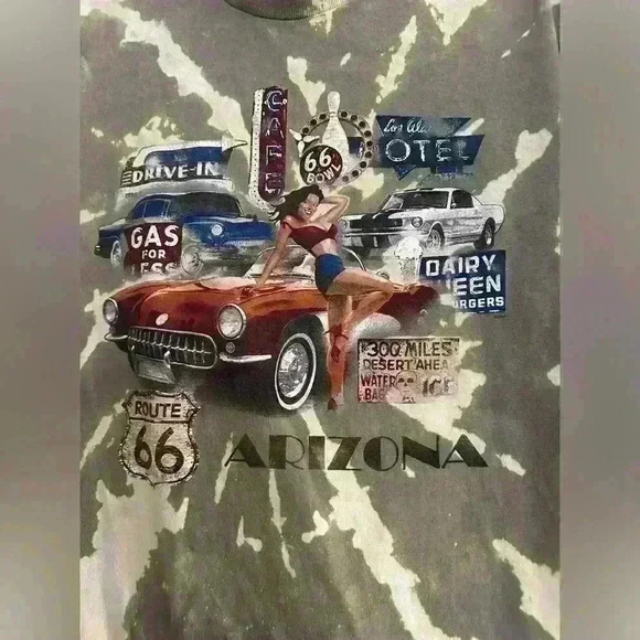 Y2K Men’s graphic Tee. Route 66. Corvette. Pin Up Girl. Bleach Tie Dye. Size: M. - Picture 2 of 7